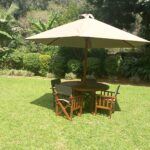 Sabora Outdoor Dining Set - Canvas Umbrella, Round Mahogany Table and Foldable Chairs