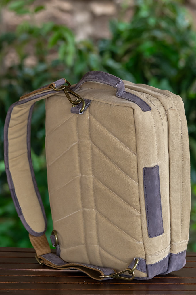 Laptop Bag in Beige Canvas & Mocca Leather - Image 4