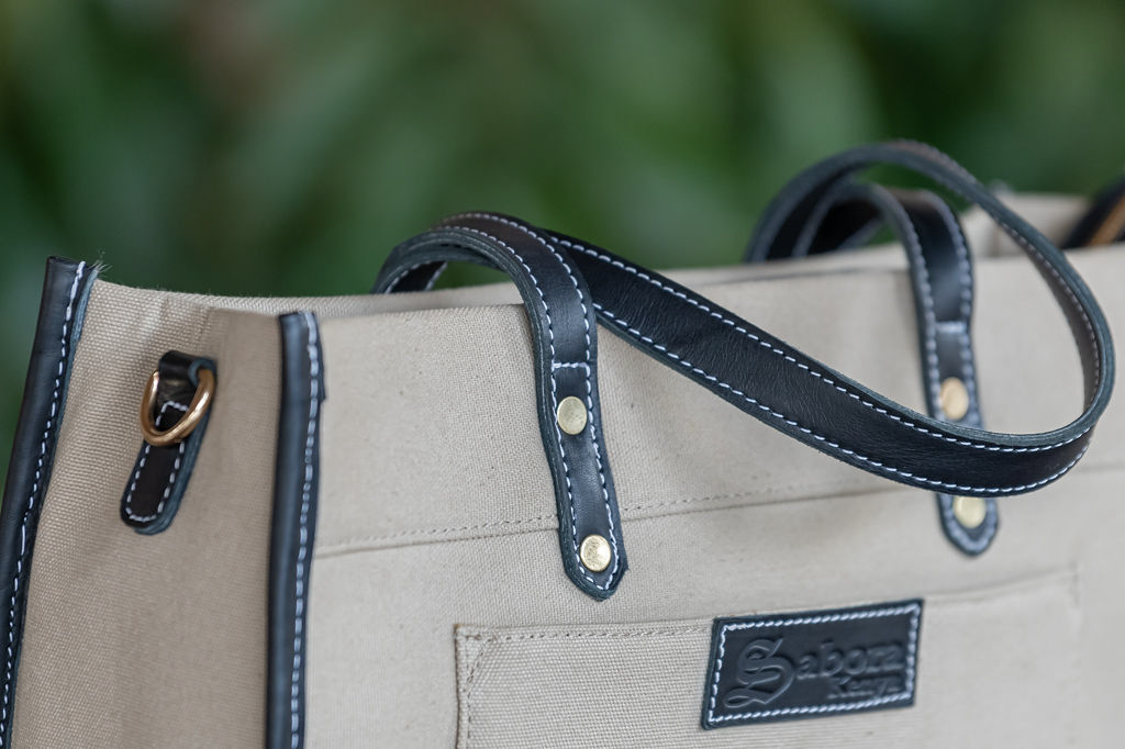 Ladies Handbag in White Canvas & Dark Leather - Image 6