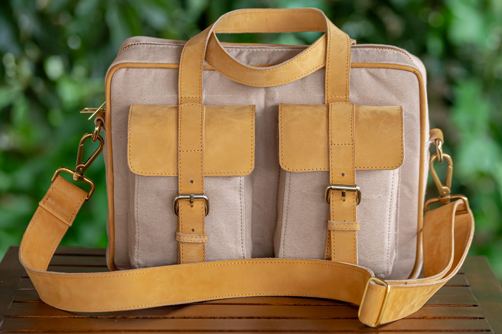 Beige Canvas & Tan Leather Laptop Bag - Image 9