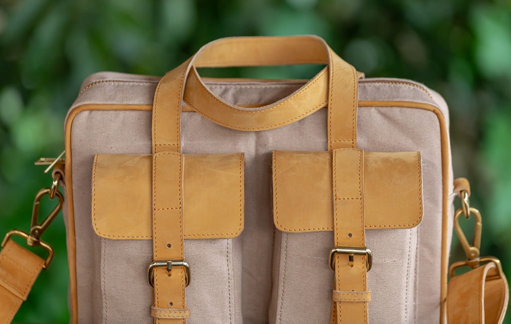 Beige Canvas & Tan Leather Laptop Bag - Image 8