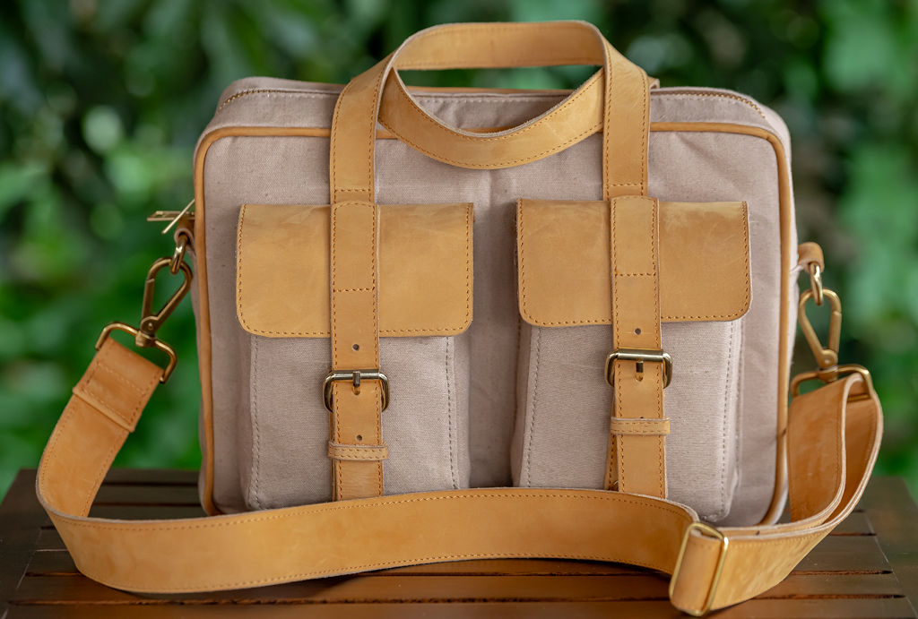 Beige Canvas & Tan Leather Laptop Bag - Image 7