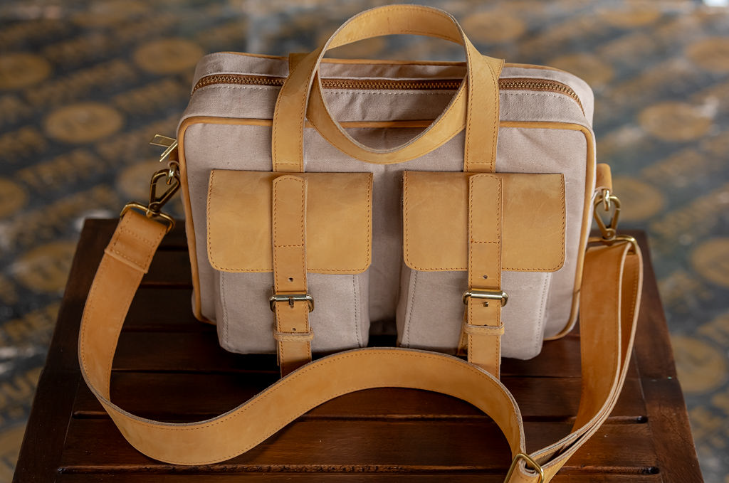 Beige Canvas & Tan Leather Laptop Bag - Image 6