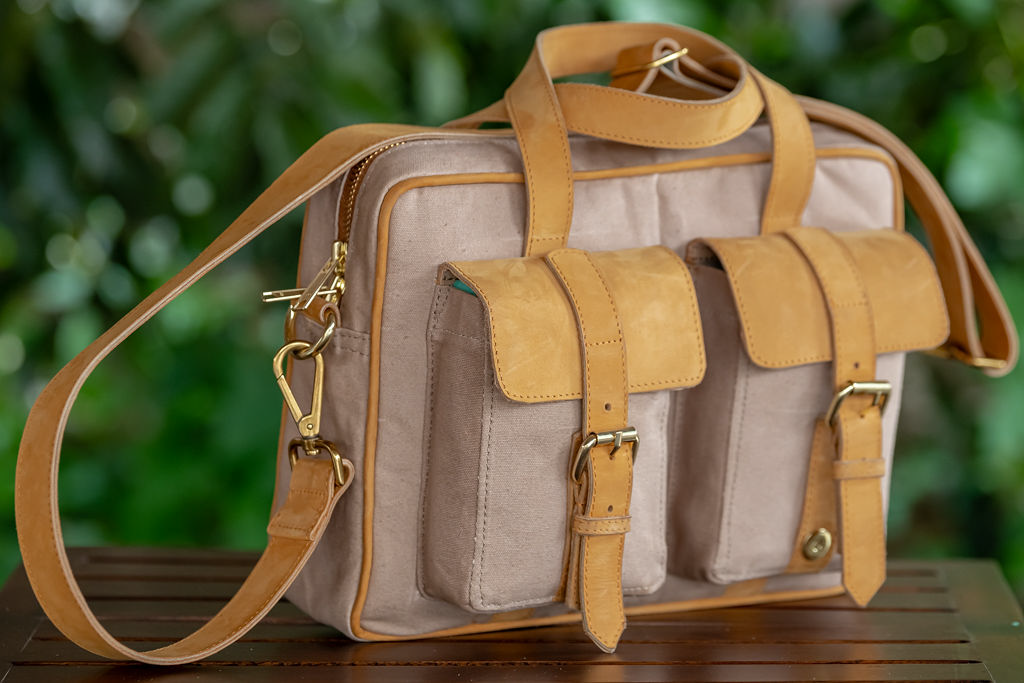 Beige Canvas & Tan Leather Laptop Bag - Image 5