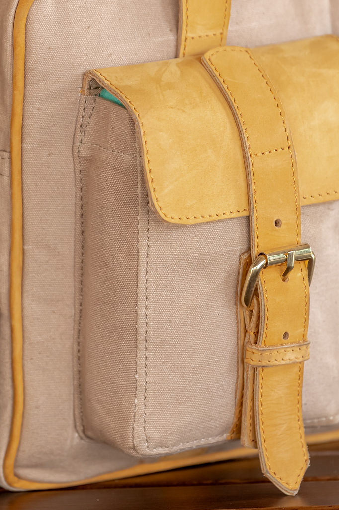 Beige Canvas & Tan Leather Laptop Bag - Image 2