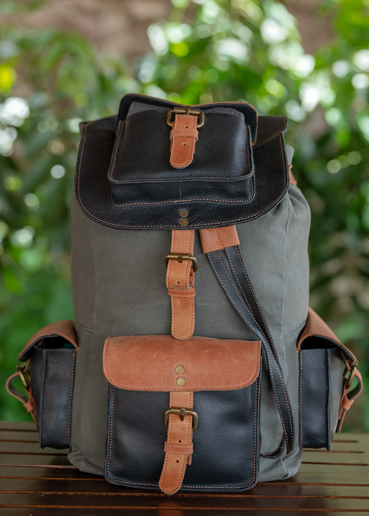 Green Canvas & Glossy Leather Backpack - Image 6