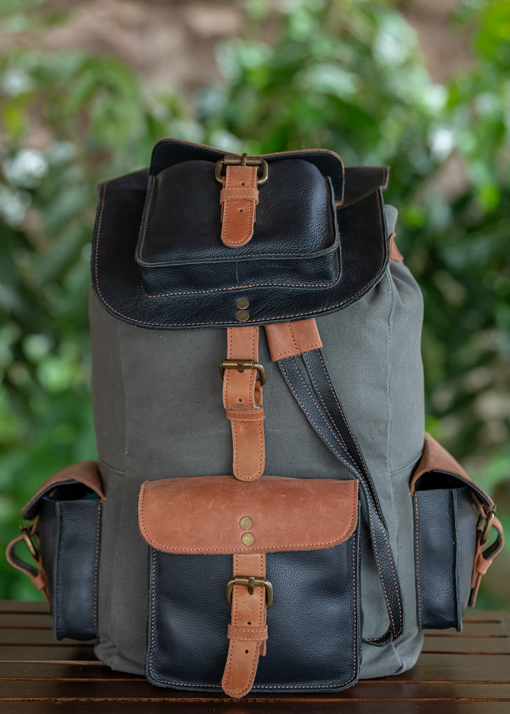 Green Canvas & Glossy Leather Backpack - Image 5