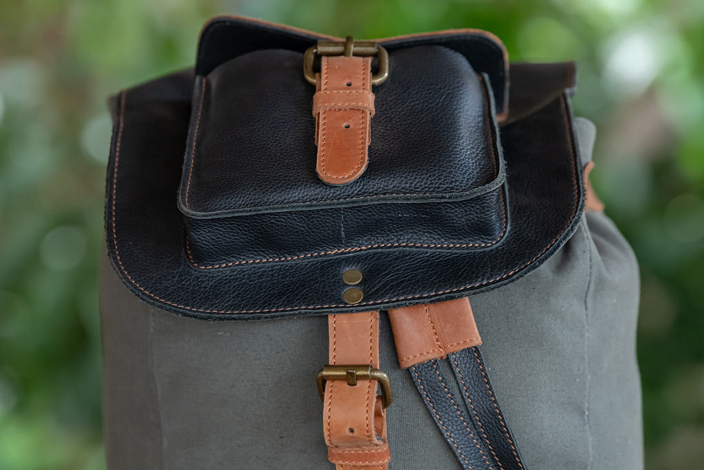 Green Canvas & Glossy Leather Backpack - Image 4