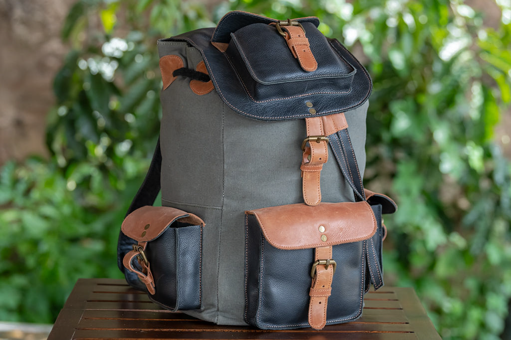 Green Canvas & Glossy Leather Backpack - Image 8