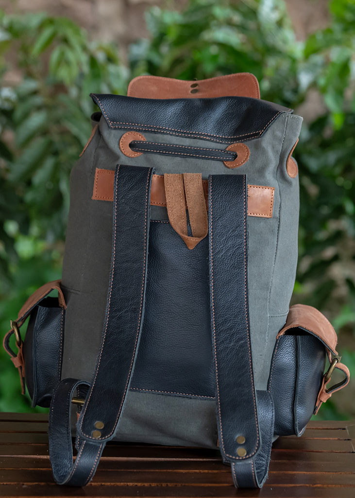 Green Canvas & Glossy Leather Backpack - Image 9
