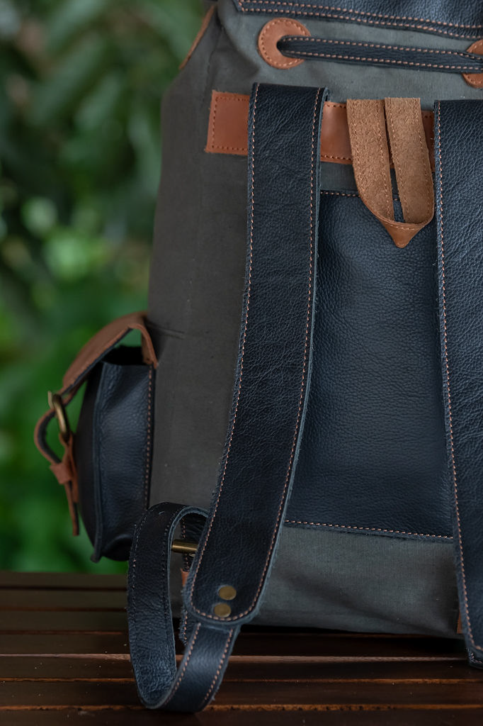 Green Canvas & Glossy Leather Backpack - Image 10