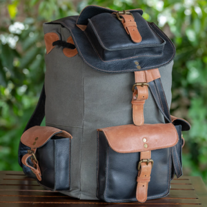 Green Canvas & Glossy Leather Backpack