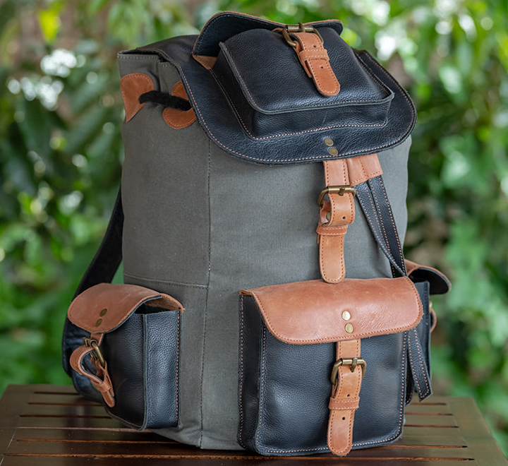Green Canvas & Glossy Leather Backpack