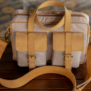 Beige Canvas & Tan Leather Laptop Bag