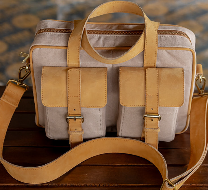 Beige Canvas & Tan Leather Laptop Bag