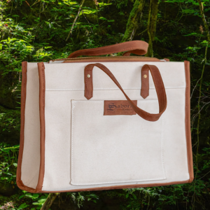 Ladies Handbag in White Canvas & Dark Leather