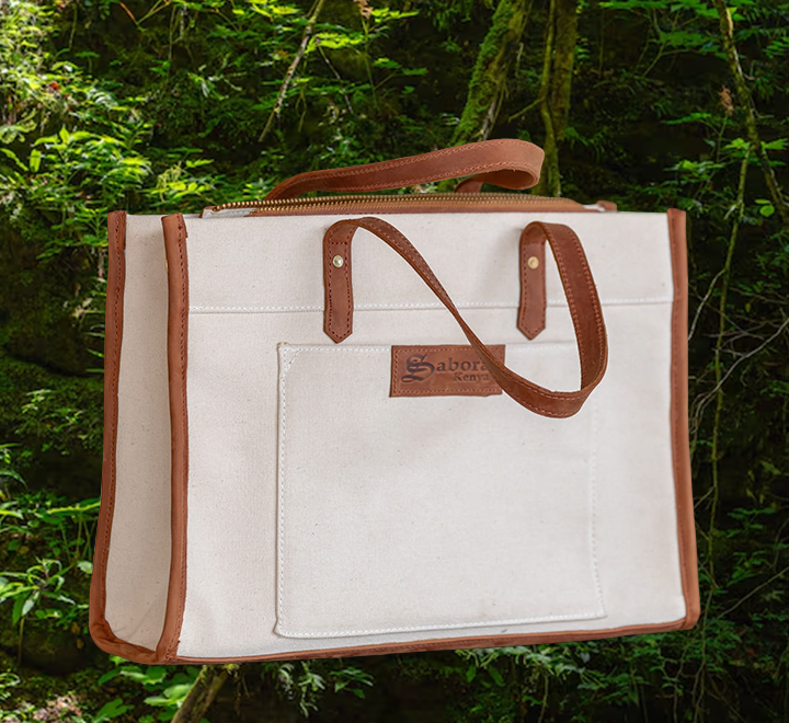 Ladies Handbag in White Canvas & Dark Leather