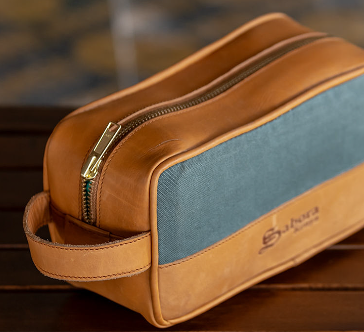 Green Canvas & Leather Wash Bag