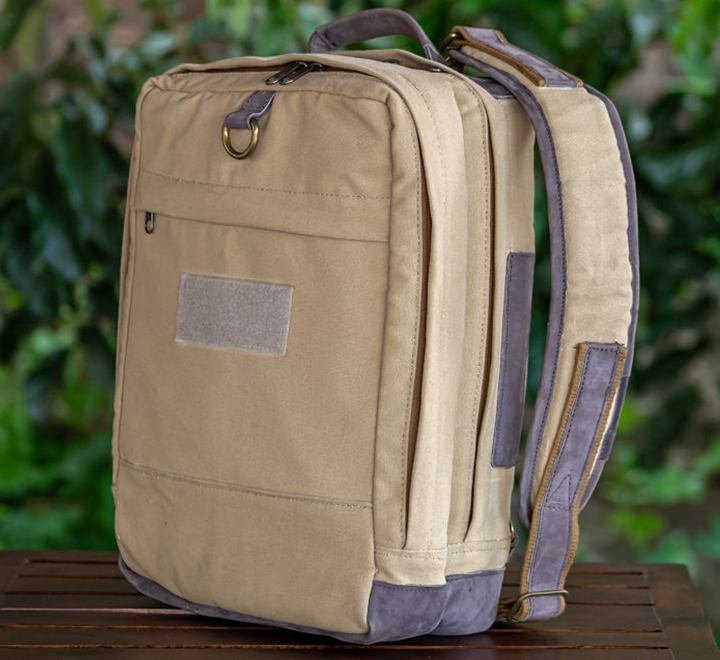 Laptop Bag in Beige Canvas & Mocca Leather