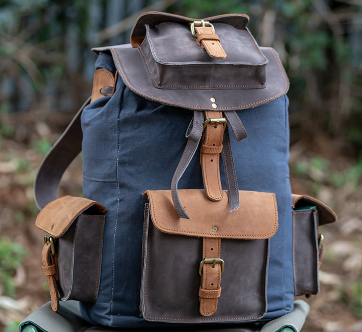 Grey Canvas & Mocca Leather Backpack