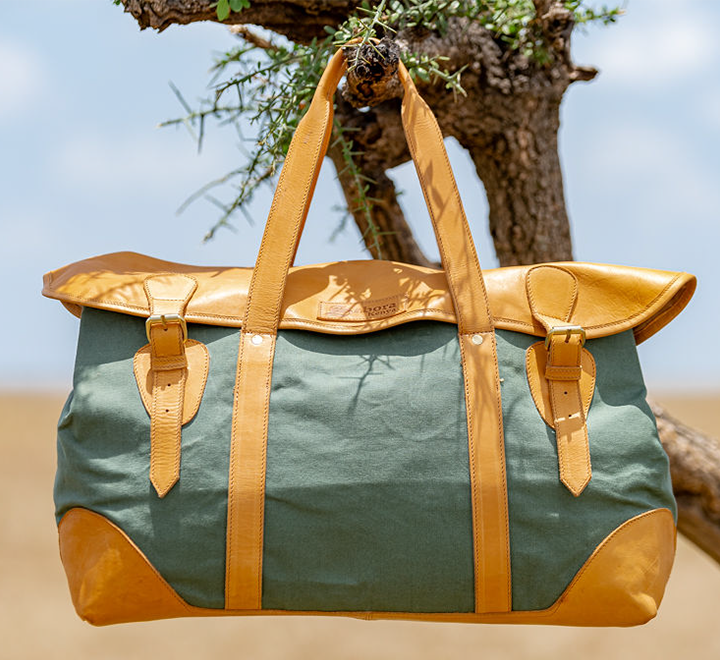 Weekender Bag in Green Canvas & Tan Leather