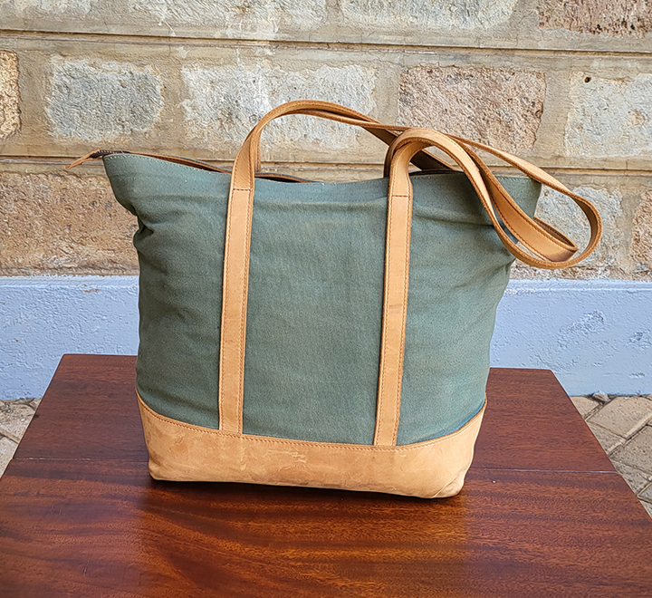 Green Canvas & Tan Leather Ladies Handbag - Image 2