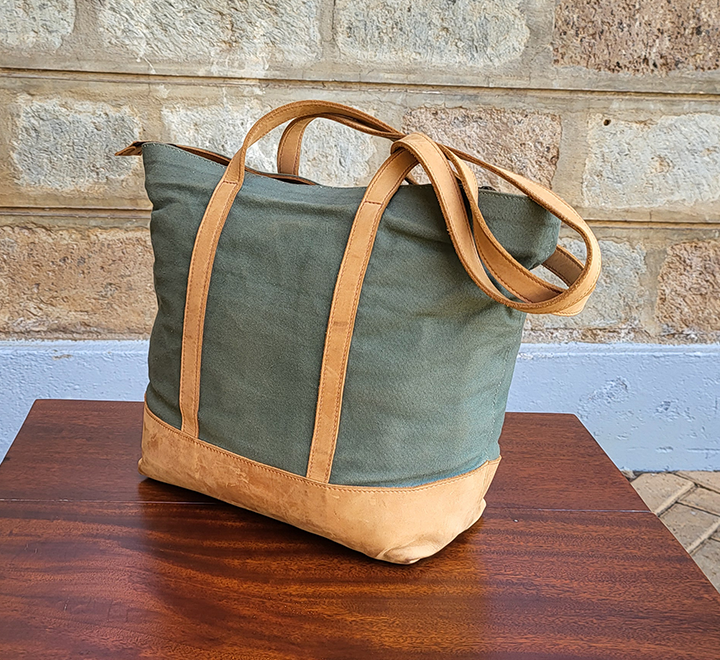 Green Canvas & Tan Leather Ladies Handbag - Image 3