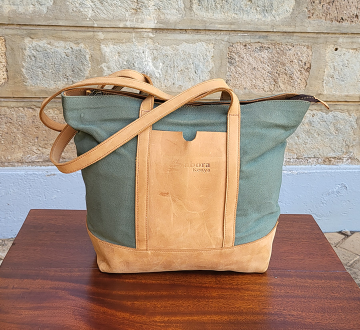 Green Canvas & Tan Leather Ladies Handbag - Image 5