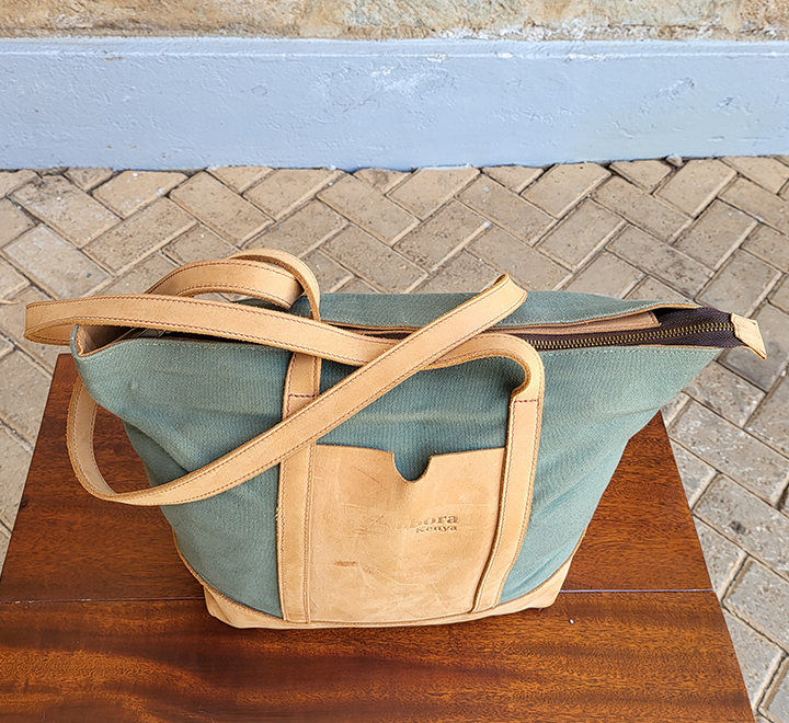 Green Canvas & Tan Leather Ladies Handbag - Image 6
