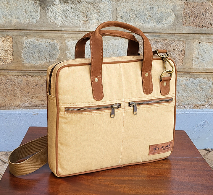 Tan Canvas & Chestnut Leather Laptop Bag - Image 2
