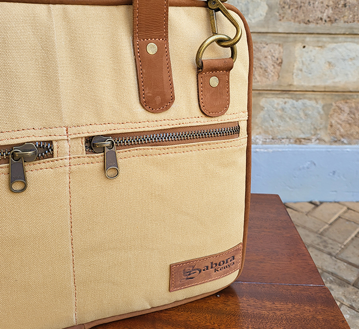 Tan Canvas & Chestnut Leather Laptop Bag - Image 9