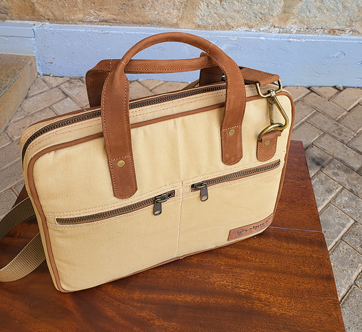 Tan Canvas & Chestnut Leather Laptop Bag - Image 8