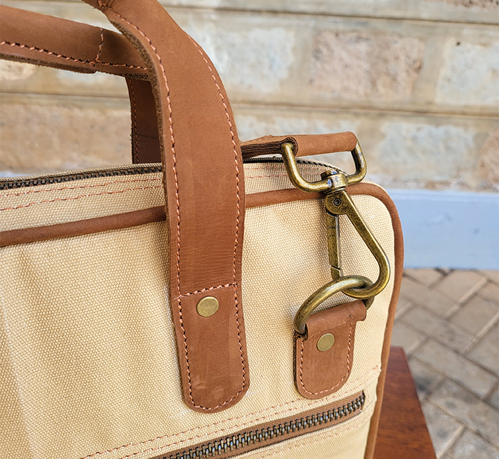 Tan Canvas & Chestnut Leather Laptop Bag - Image 7