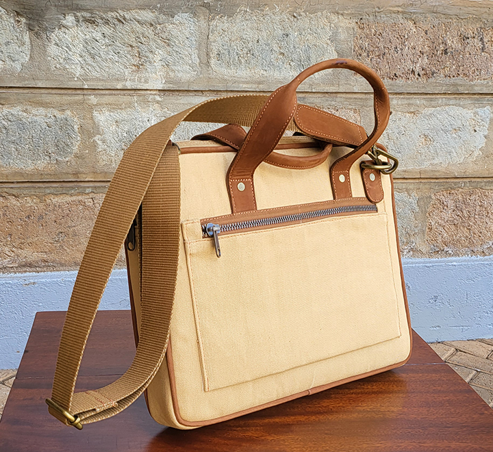 Tan Canvas & Chestnut Leather Laptop Bag - Image 6