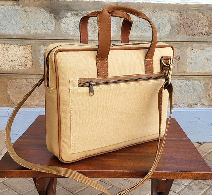 Tan Canvas & Chestnut Leather Laptop Bag - Image 4