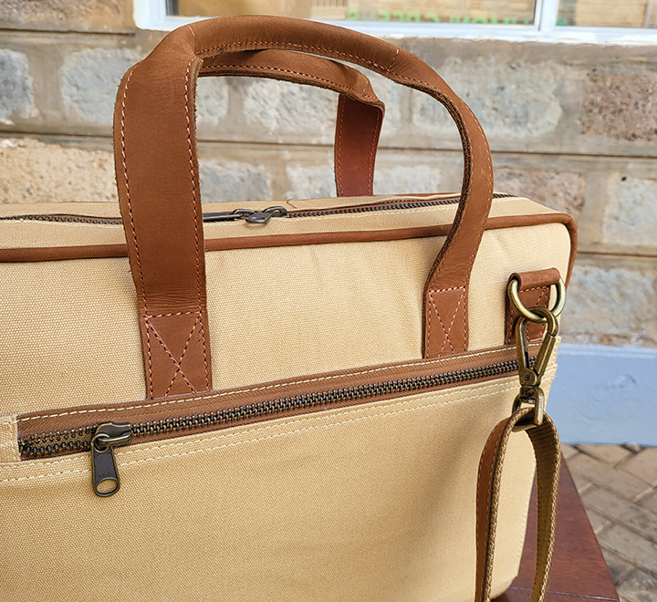 Tan Canvas & Chestnut Leather Laptop Bag - Image 3