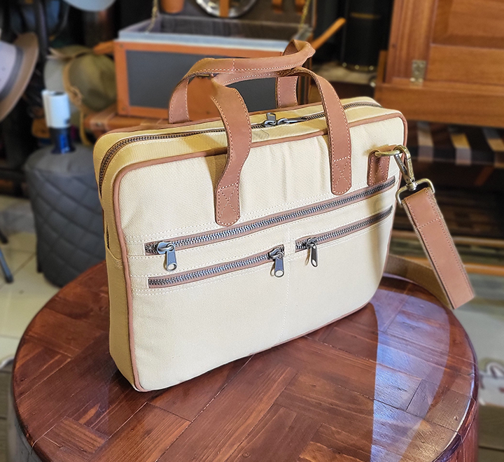 Tan Canvas & Chestnut Leather Laptop Bag - Image 10