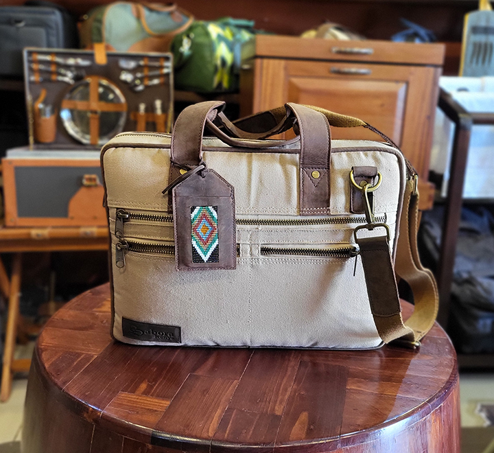 Tan Canvas & Chestnut Leather Laptop Bag - Image 14