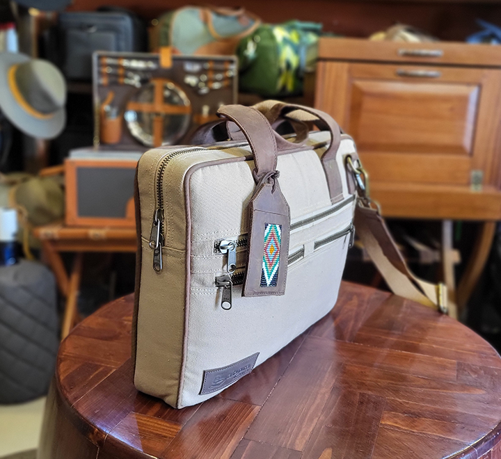 Tan Canvas & Chestnut Leather Laptop Bag - Image 13