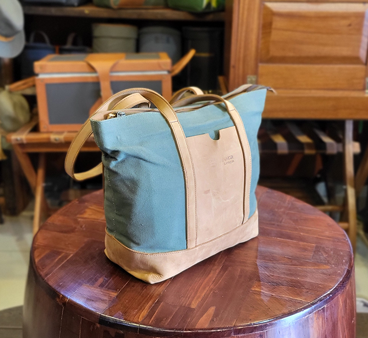 Green Canvas & Tan Leather Ladies Handbag