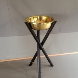 Sabora Brass Basin and Stand - Polished Brass Vessel on Dark Timber Tripod.