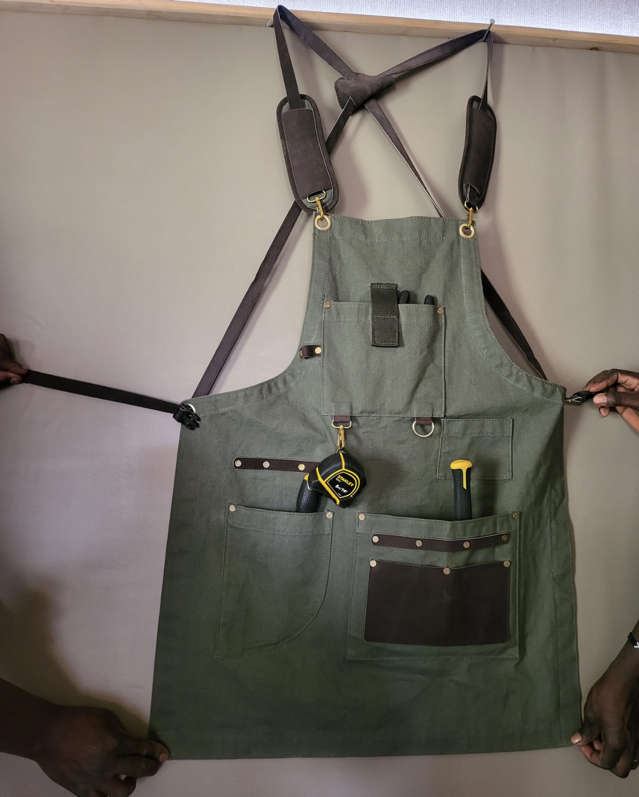 Sabora Canvas Tool Apron - Multi-Pocket Workshop Apron with Leather Harness.