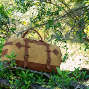 Sabora Tan Canvas and Brown Leather Duffle Bag: Travel Holdall for Safari, Weekends and Road Trips