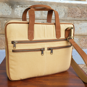 Tan Canvas & Chestnut Leather Laptop Bag