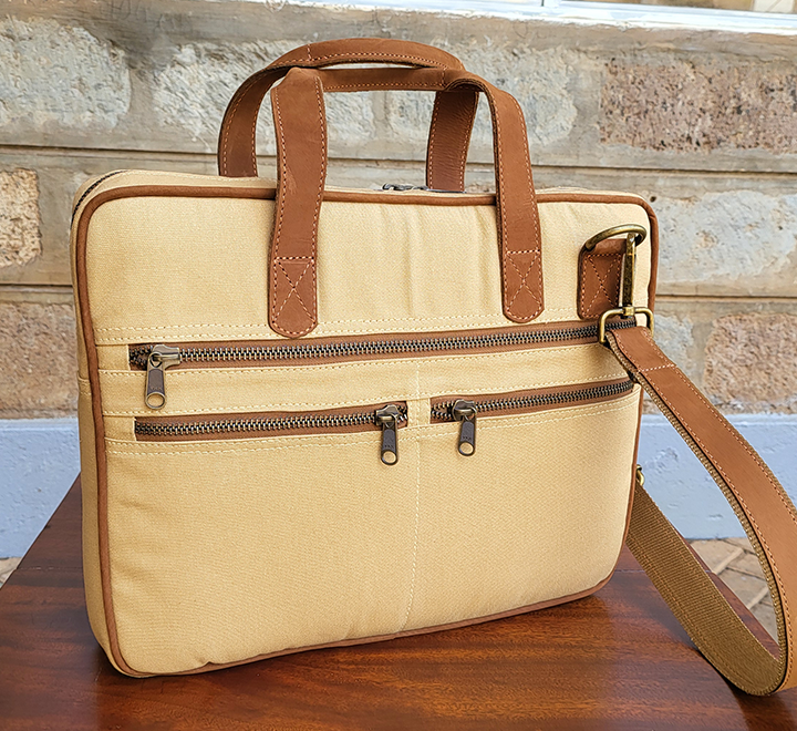Tan Canvas & Chestnut Leather Laptop Bag