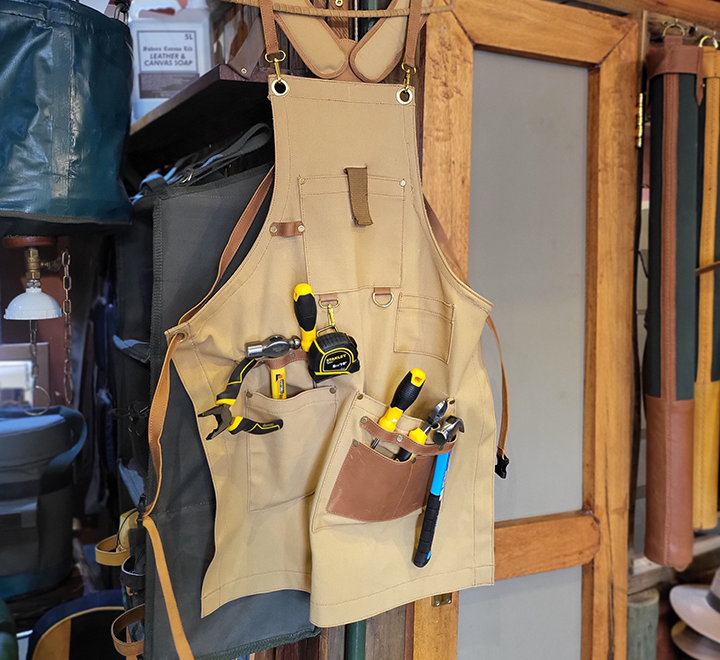 Tan Canvas Tool Apron with Leather Trim