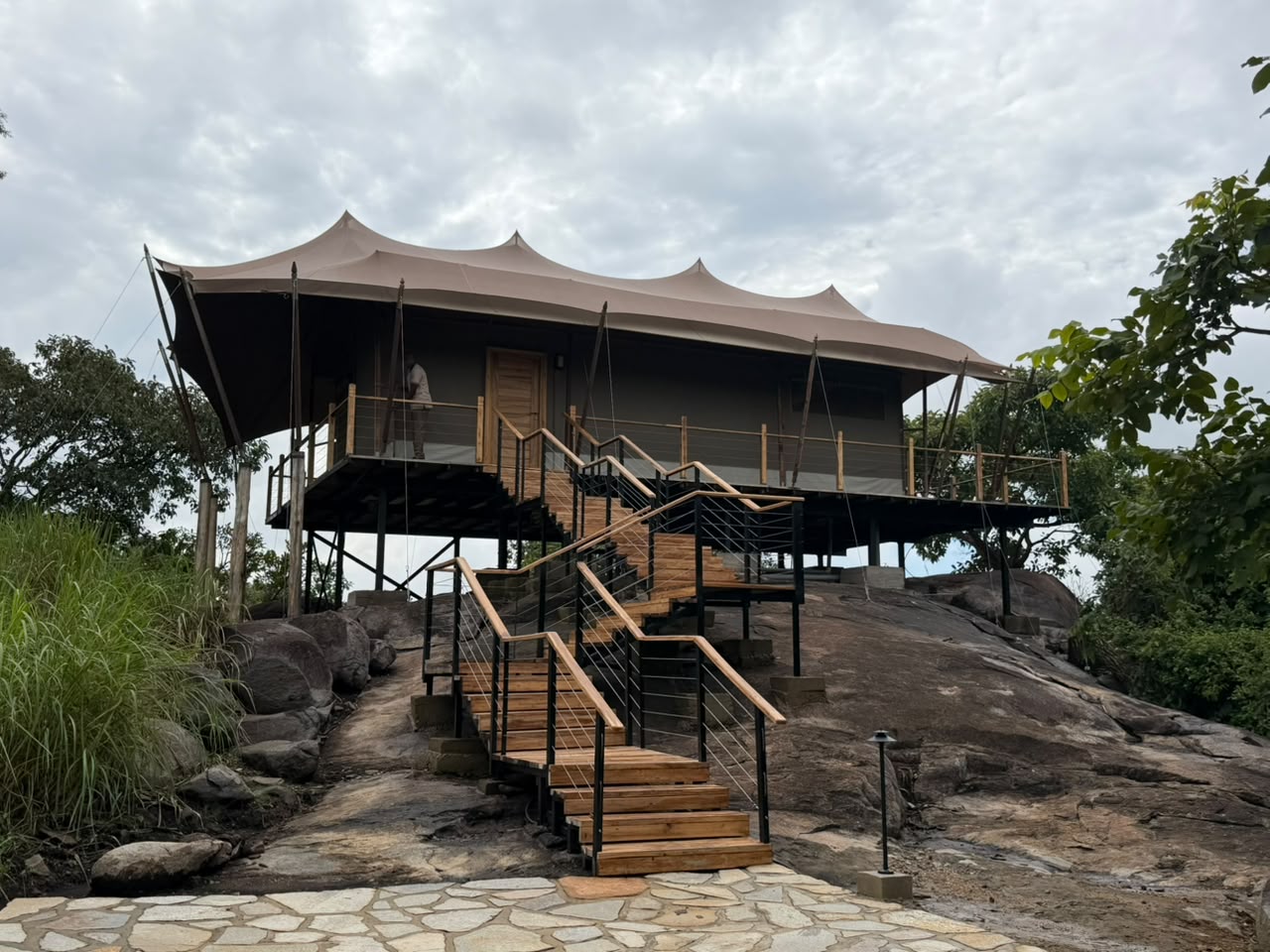 Sabora Lodge Tent - Raised-Deck Canvas Structure with External Staircase for Safari Camps, Eco-Lodges & Hillside Sites.
